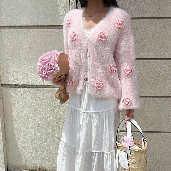 Sweaters - Pink Casual Women's Long Sleeve Cardigan